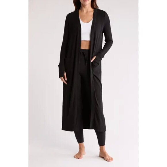Yogalicious Sweaters - NWT YOGALICIOUS Duster Cardigan Size XS Black Long Ribbed Side Slit